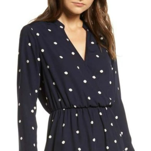 Nordstrom Long Sleeve Navy Polka Dot Mini Dress M - Picture 2 of 10